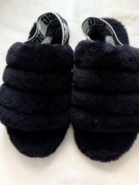 UGG Black Plush Puffy Slide with Logo Slingback
